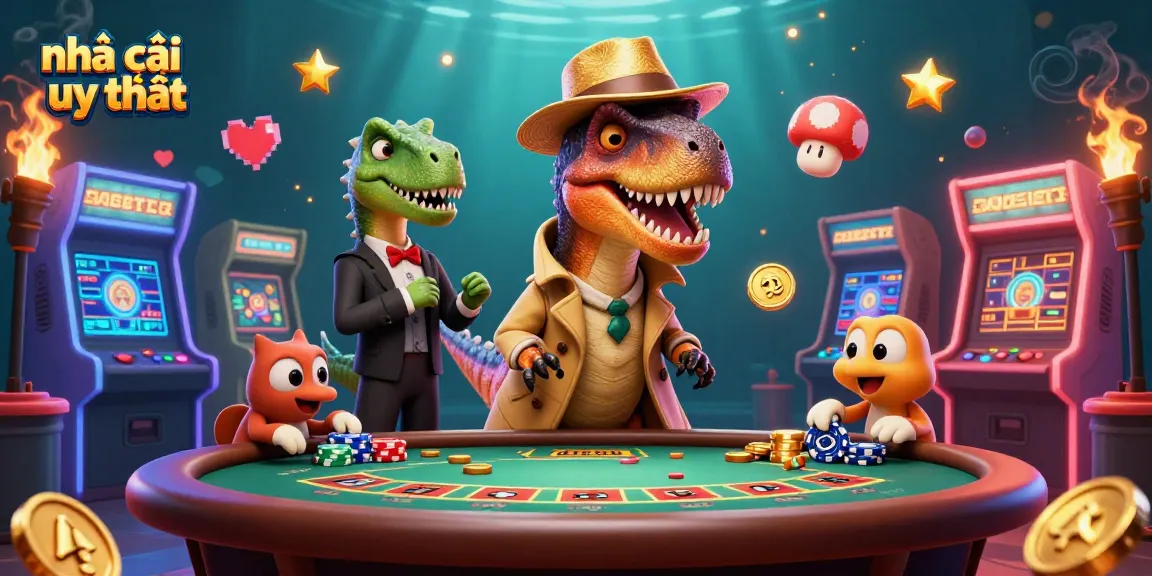Experience the excitement of nhà cái uy tín with a clever velociraptor at the blackjack table amidst vibrant casino elements.