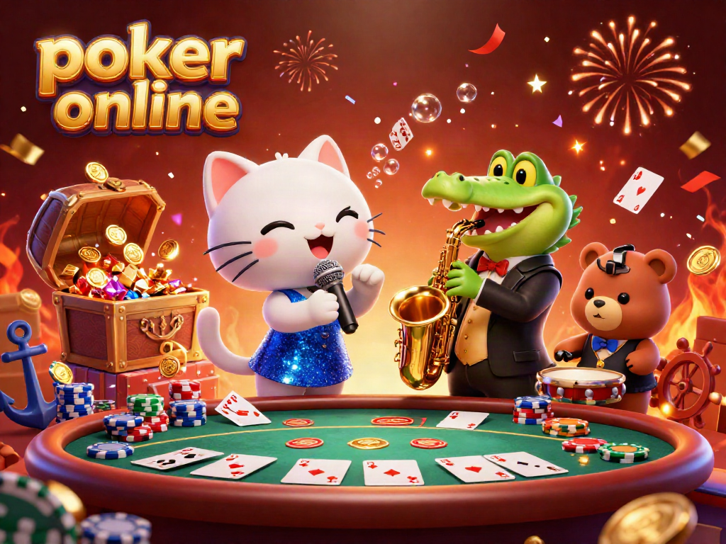 Engage with poker online as a cartoon jazz-singer cat performs on stage surrounded by vibrant poker elements.