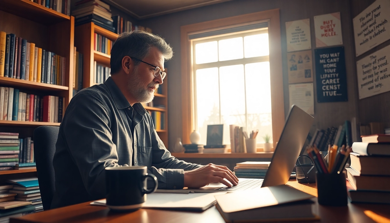 Engaging in online book publishing india in a welcoming home office filled with books.
