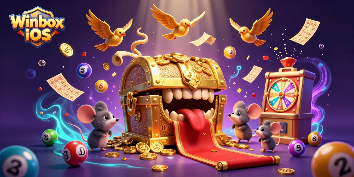 Winbox iOS app graphic showcasing dynamic lottery elements and 3D characters in a casino atmosphere.