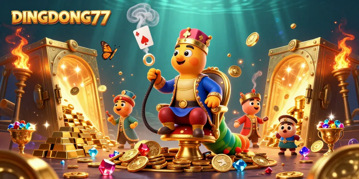 DINGDONG77 showcases a vibrant 3D digital scene with a caterpillar hookah-master and dazzling treasures.
