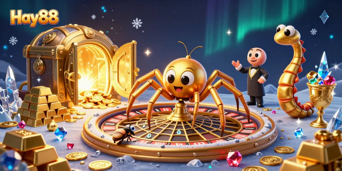 Experience the world of Hay88 with a captivating scene featuring a golden spider and a centipede croupier spun in a roulette web.