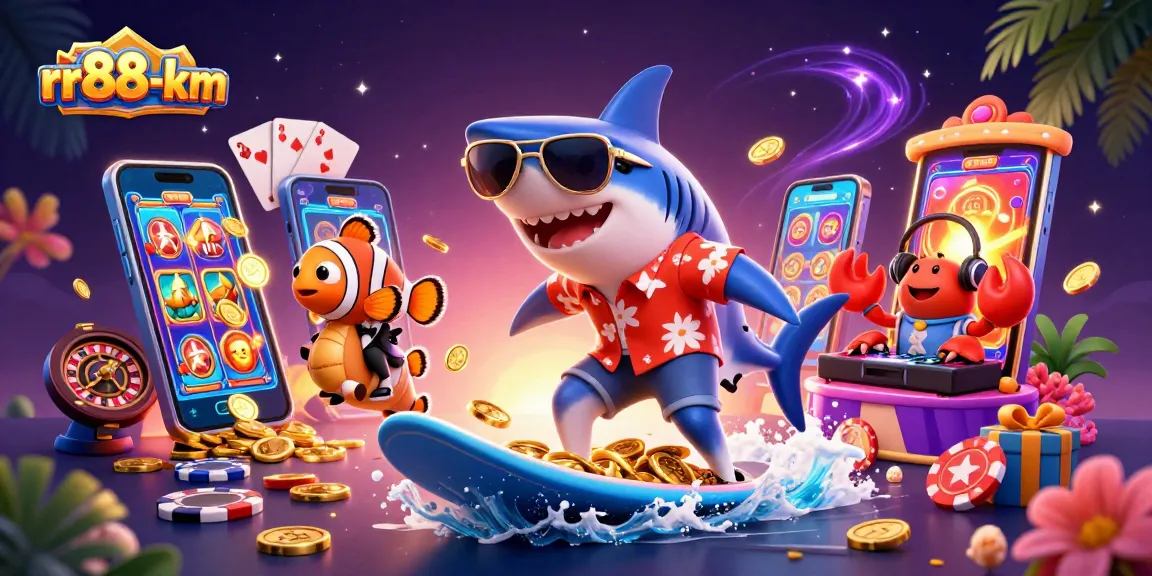 rr88-km reveals colorful slot games with a shark surfing through gold coins in this engaging illustration