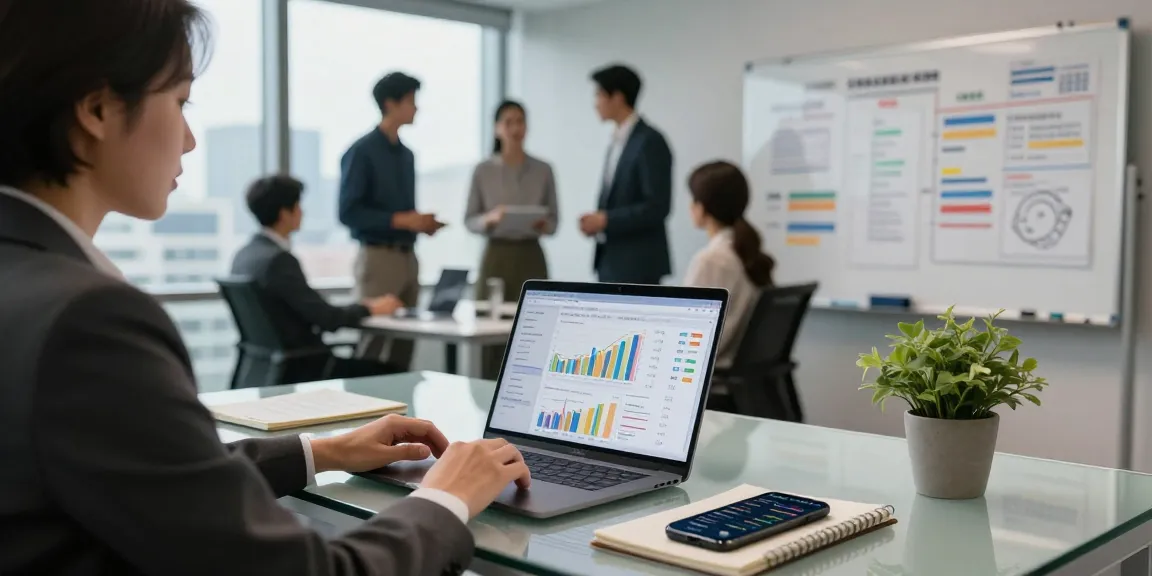 Analisis data delapantoto oleh analis bisnis dalam lingkungan kantor modern.