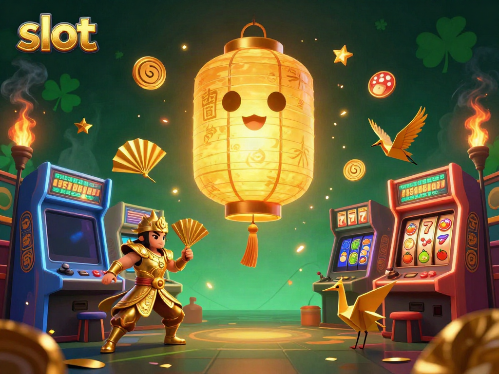 Engage with thrilling slot machines in a vibrant casino scene filled with golden lanterns and warriors