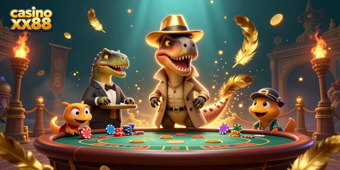Experience thrilling gaming at casino xx88 with a unique scene featuring a velociraptor card counter, stegosaurus pit boss, and compy pickpocket.