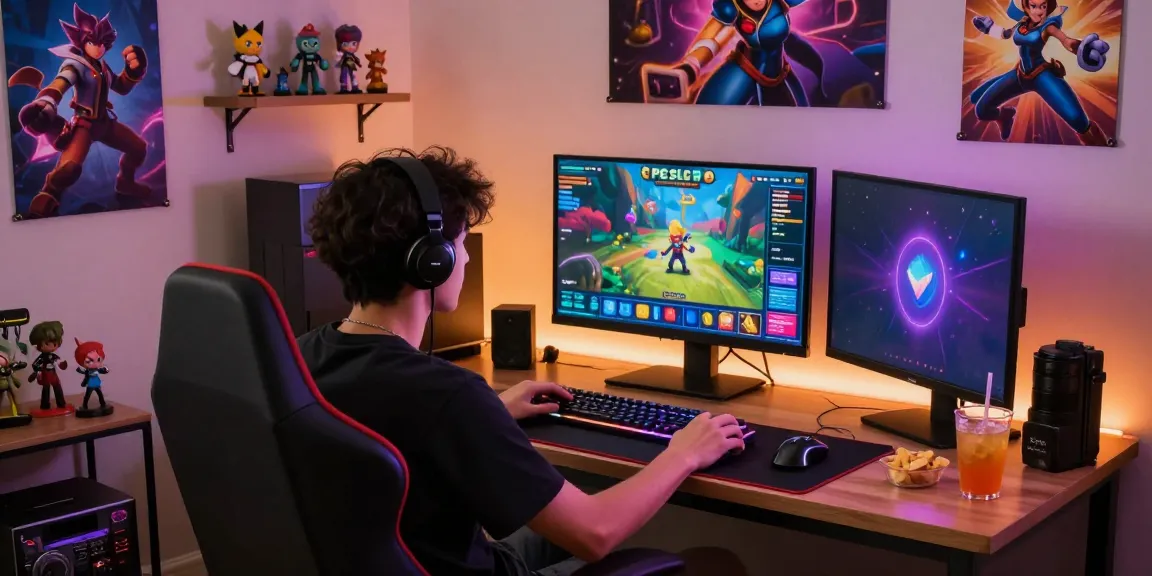 Exciting PG SLOT gaming scene with a player immersed in colorful game graphics and vibrant merchandise.