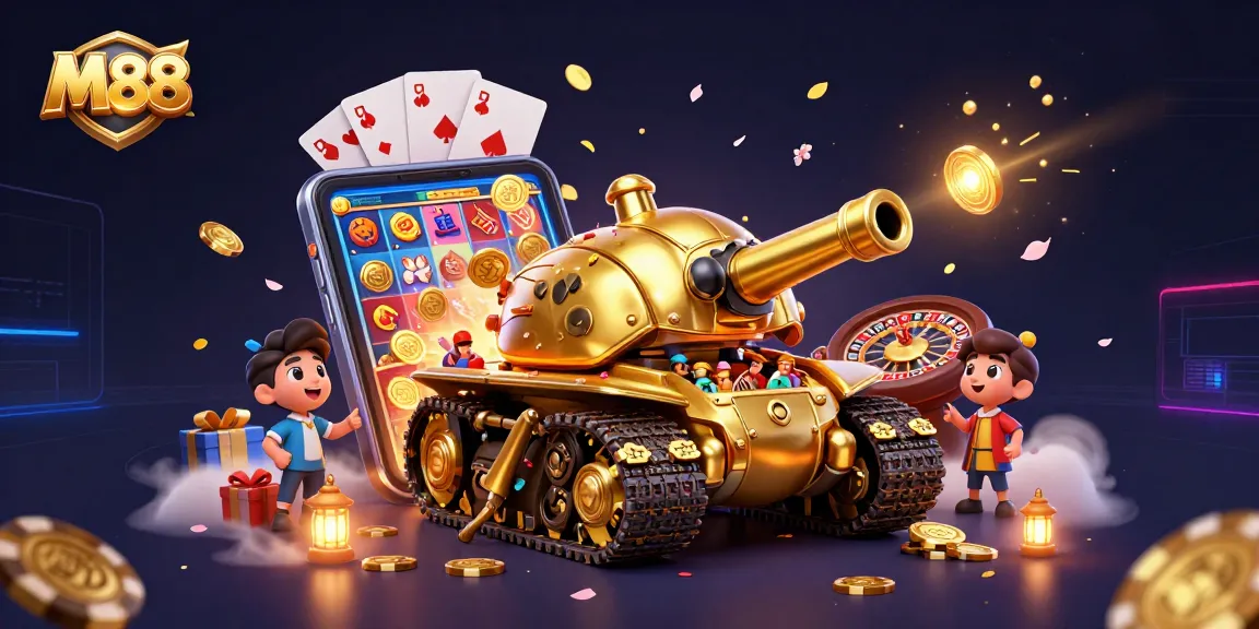 Engage with M88's thrilling virtual casino experience featuring a golden beetle tank showcasing lively gaming elements.