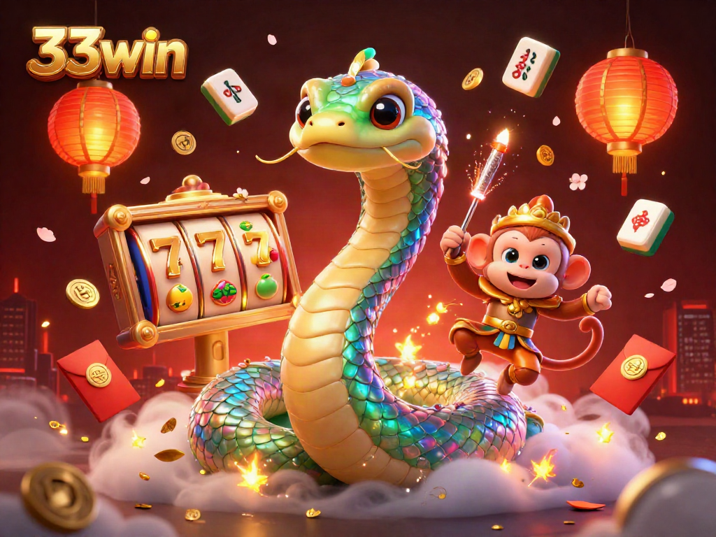 Experience the excitement of 33win with vibrant casino elements and colorful characters in a dynamic scene.