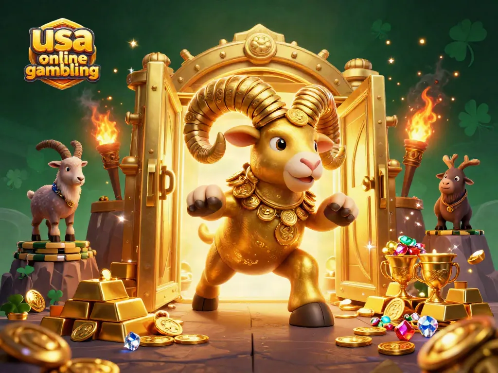 Engage in usa online gambling with a dynamic scene of a golden ram charging through treasures and games.