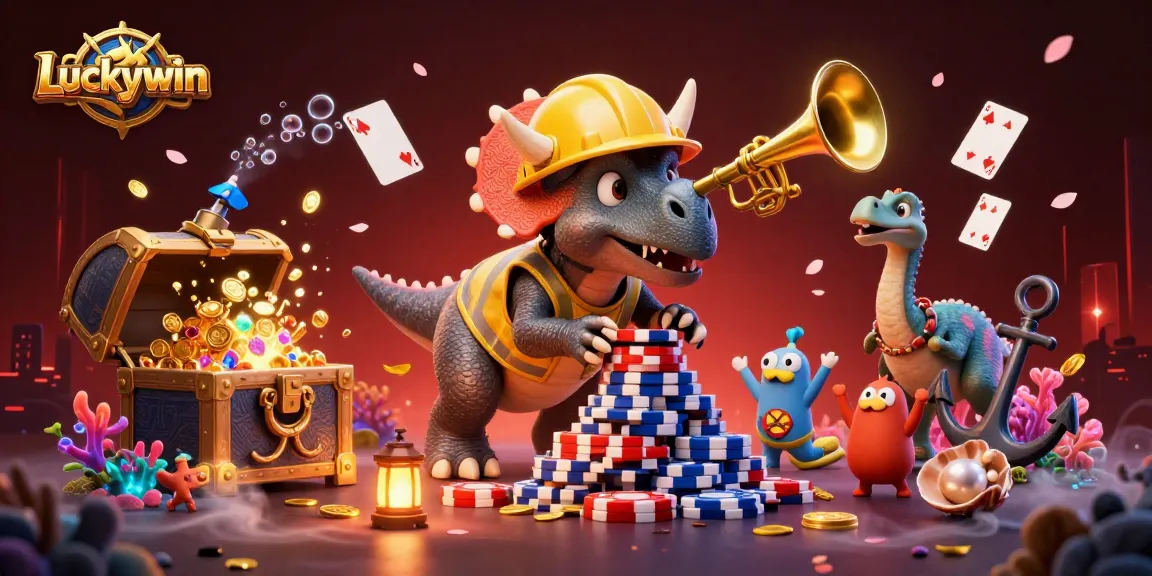 Celebrate your wins at Luckywin with vibrant casino action featuring dinosaurs and poker chips.