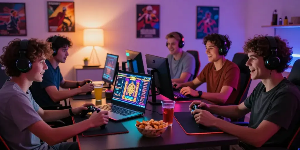 Group enjoying situs slot gacor gaming night with snacks and drinks