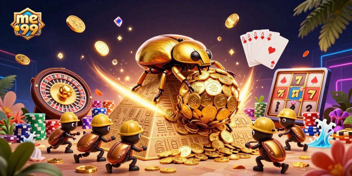 Experience thrilling wins with me99 Casino as golden coins cascade around them in this vibrant 3D illustration.