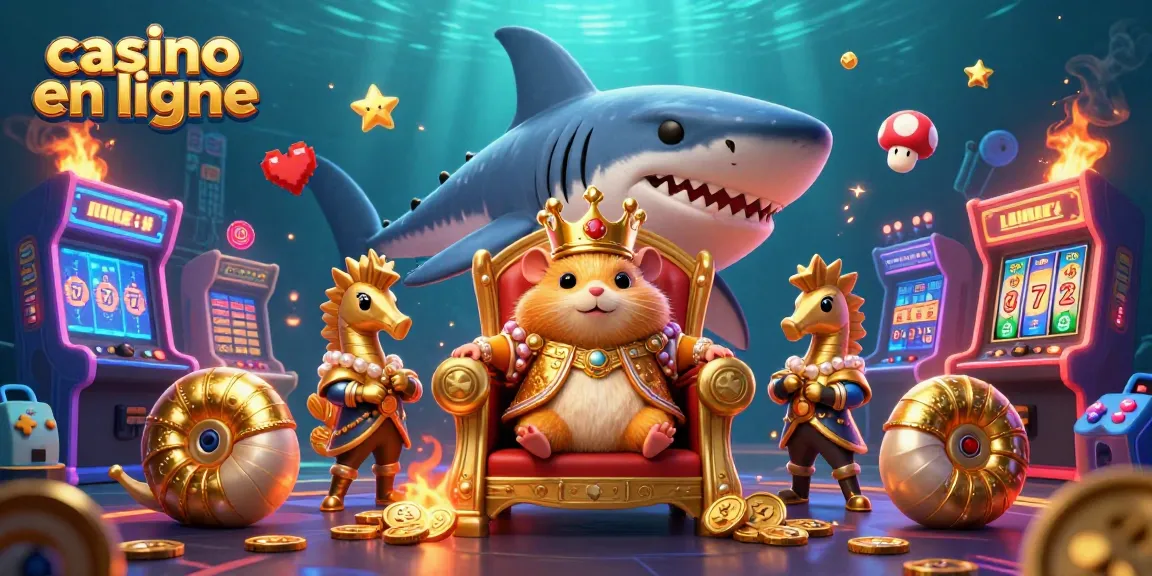 Un roi hamster audacieux sur un trône en forme de dent de requin, représentant le casino en ligne avec un décor coloré.