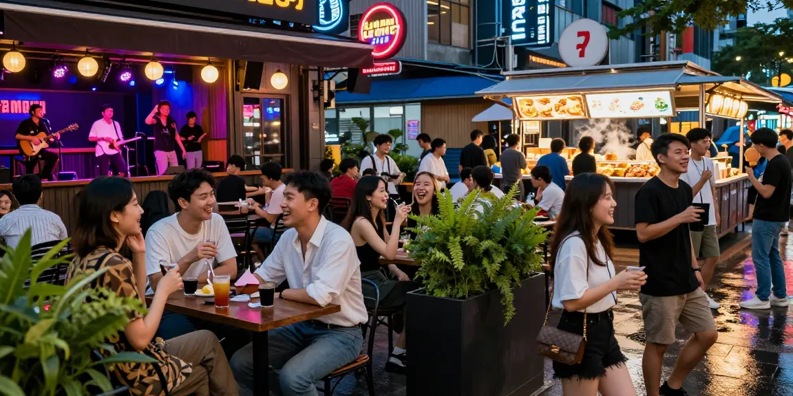 Dynamic urban nightlife scene highlighting 유흥사이트 with vibrant social interactions and entertainment options.