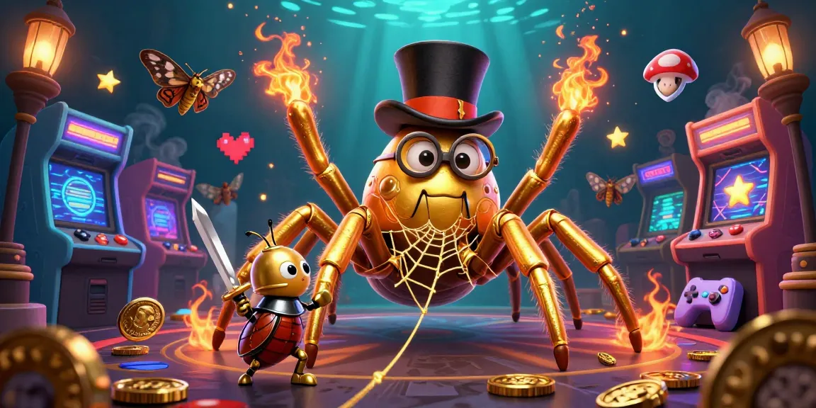 ZBET captivates with an enchanting scene of a golden tarantula amidst dynamic casino elements in a vibrant gaming atmosphere.