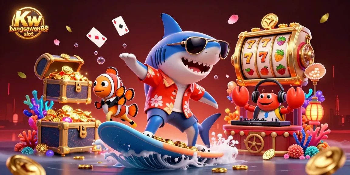 Experience thrilling spins with the Kw bangsawan88 slot as a shark surfs on gold coins, surrounded by casino elements.