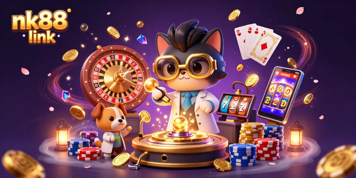Win big with nk88 link in a vibrant 3D casino scene featuring exciting games and characters.