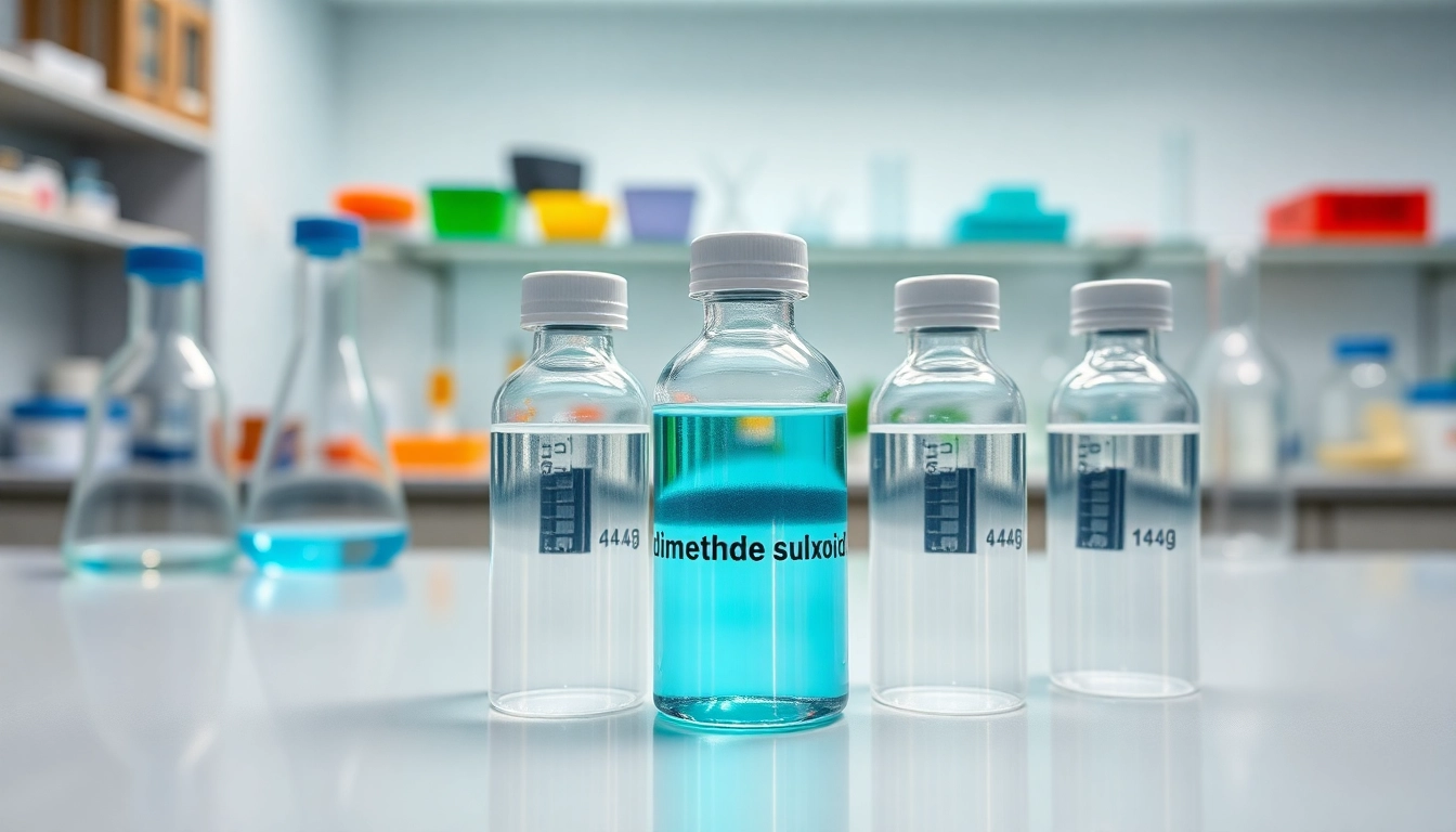 Lab vials containing dimethyl sulfoxide amidst scientific instruments in a bright, clean lab environment.