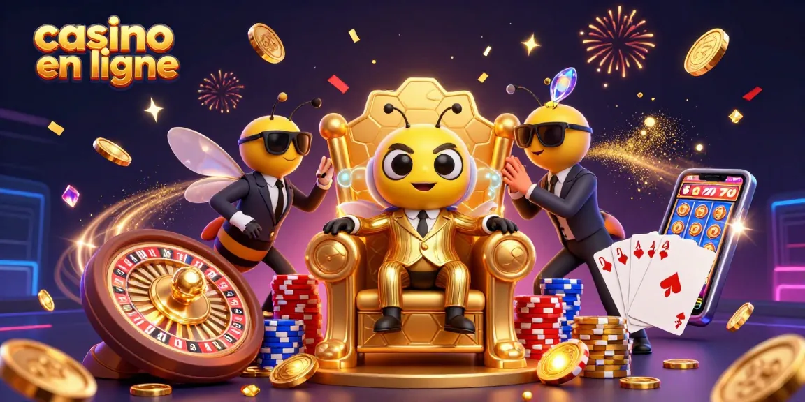 Création dynamique illustrant le casino en ligne avec un boss bourdon et des éléments de jeu captivants.