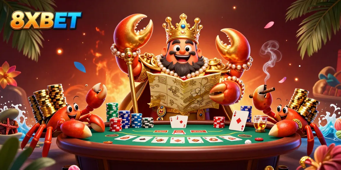 Experience thrilling wins at 8XBET with a dynamic illustration featuring a golden crab emperor and poker elements.