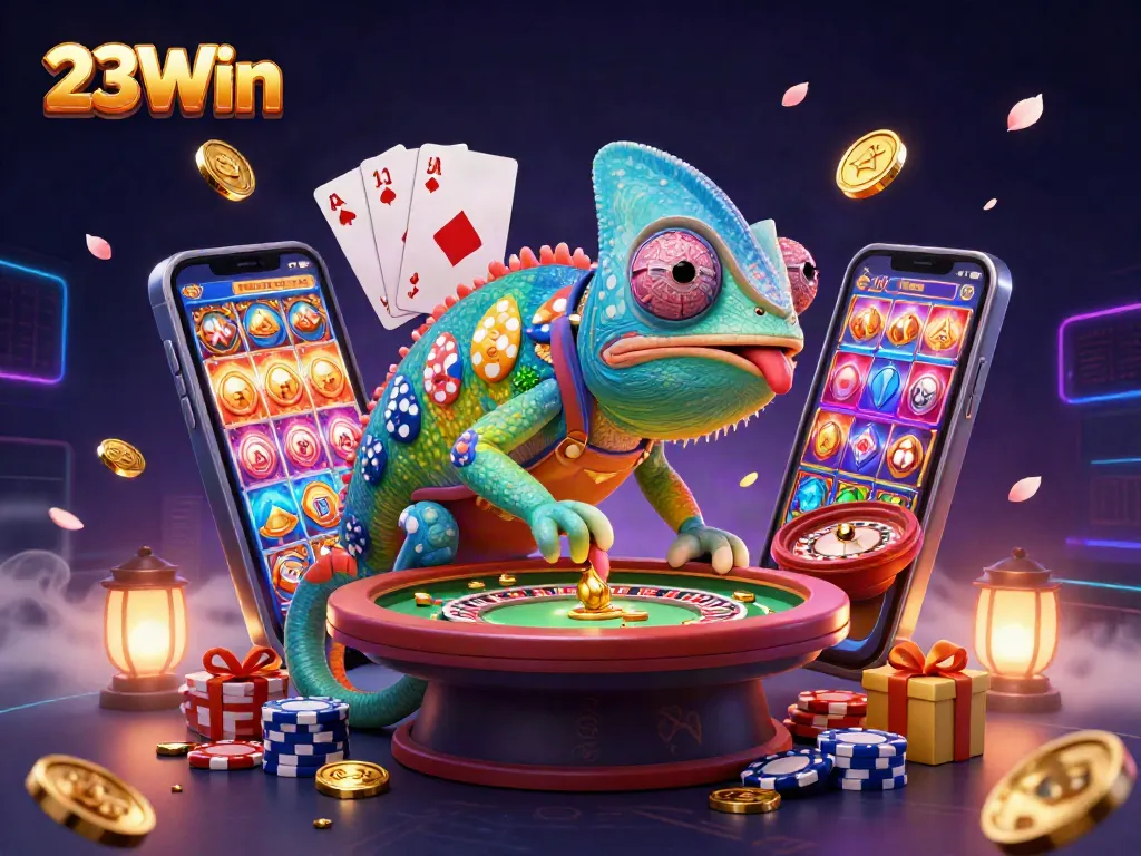 Experience thrilling gameplay with 23Win's vibrant casino scene featuring a colorful chameleon and dynamic slot action.