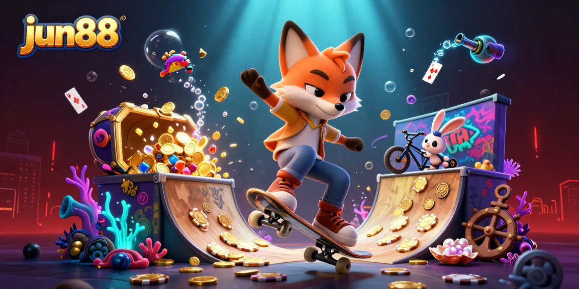 Experience thrilling gambling at jun88 with animated characters showcasing casino excitement and treasures.