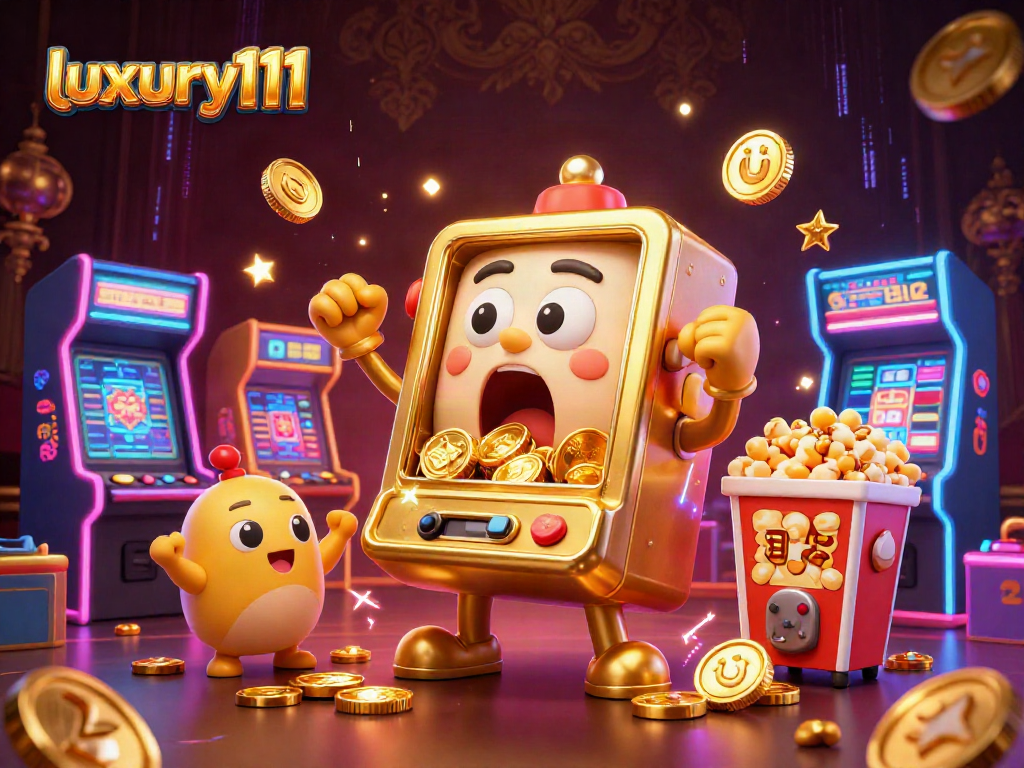 Experience the thrill of luxury111 with a golden slot machine celebrating its jackpot amidst a vibrant casino