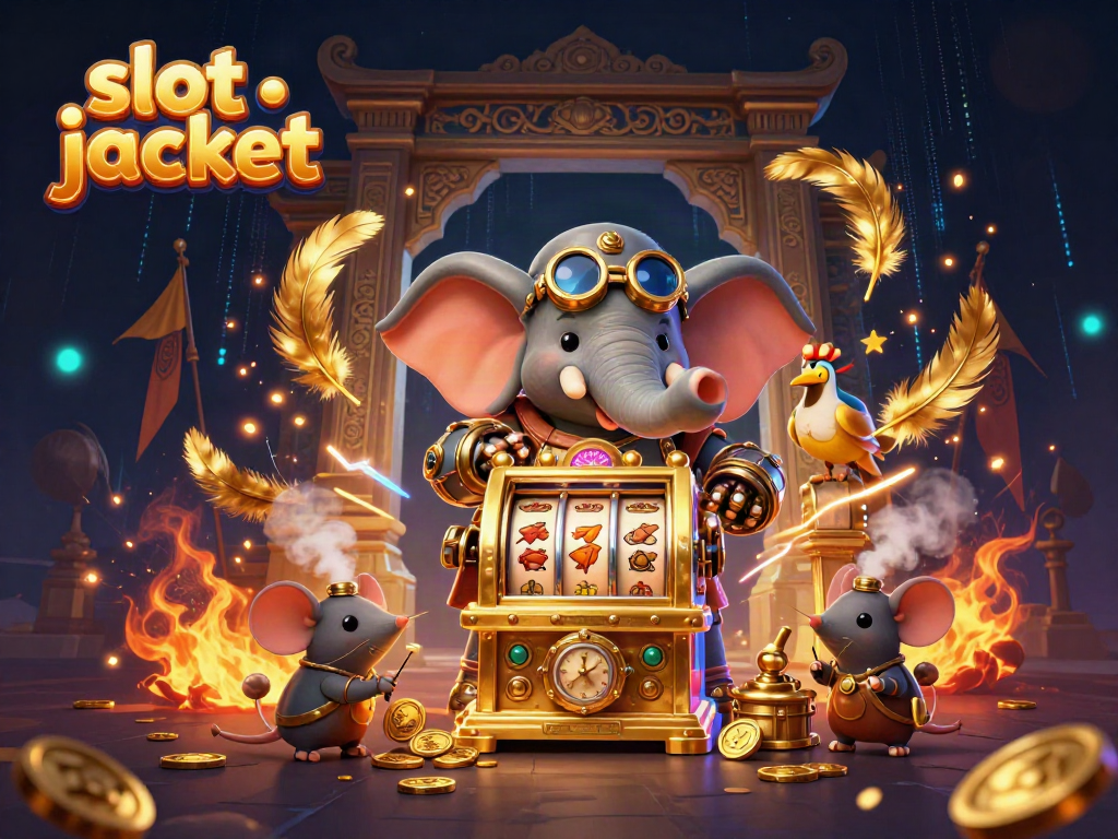 Experience colossal slot jackpots with a steampunk elephant engineer operating a high-stakes golden slot machine.
