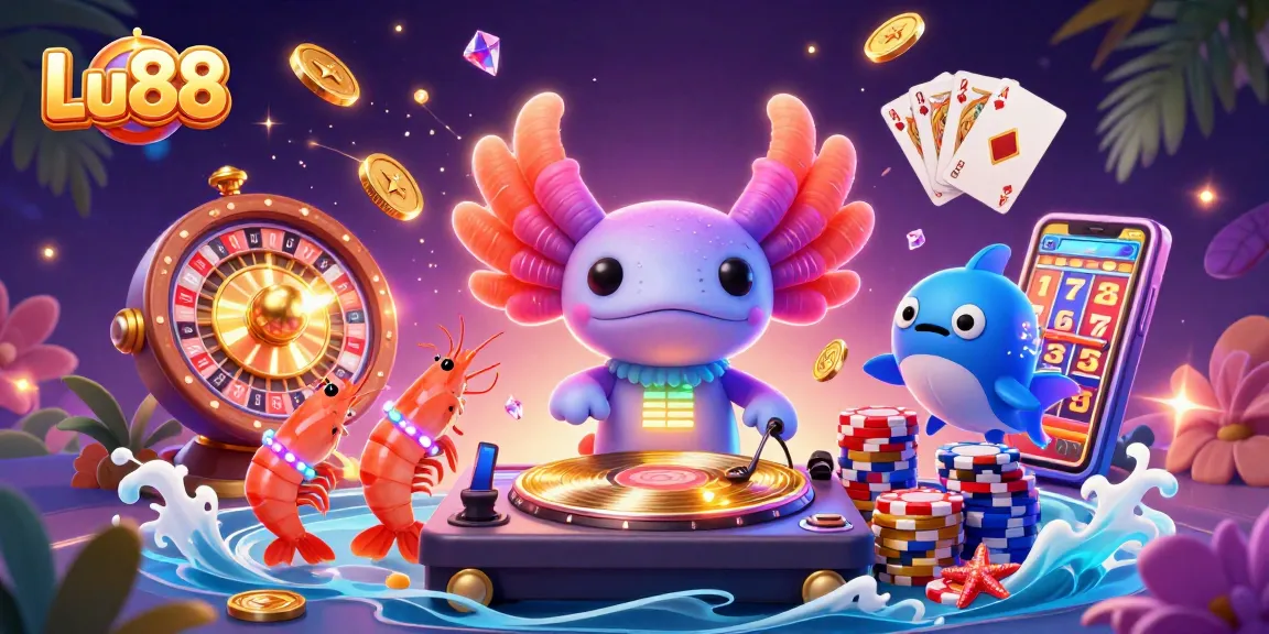 Engage with Lu88 at a vibrant online casino party with dynamic 3D characters and gold coins.