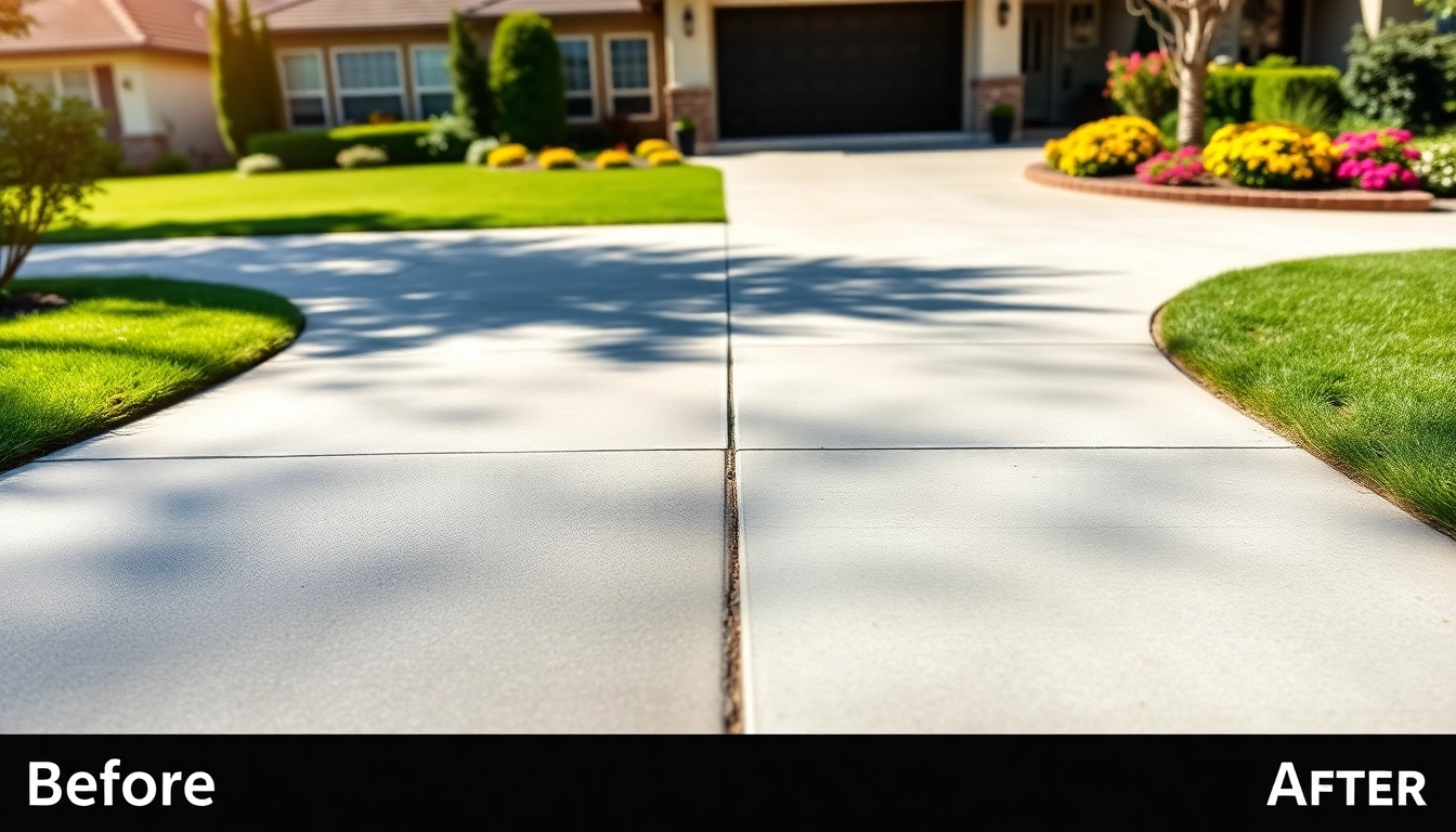 Driveway cleaning service restoring shine to a concrete driveway with before-and-after effects.