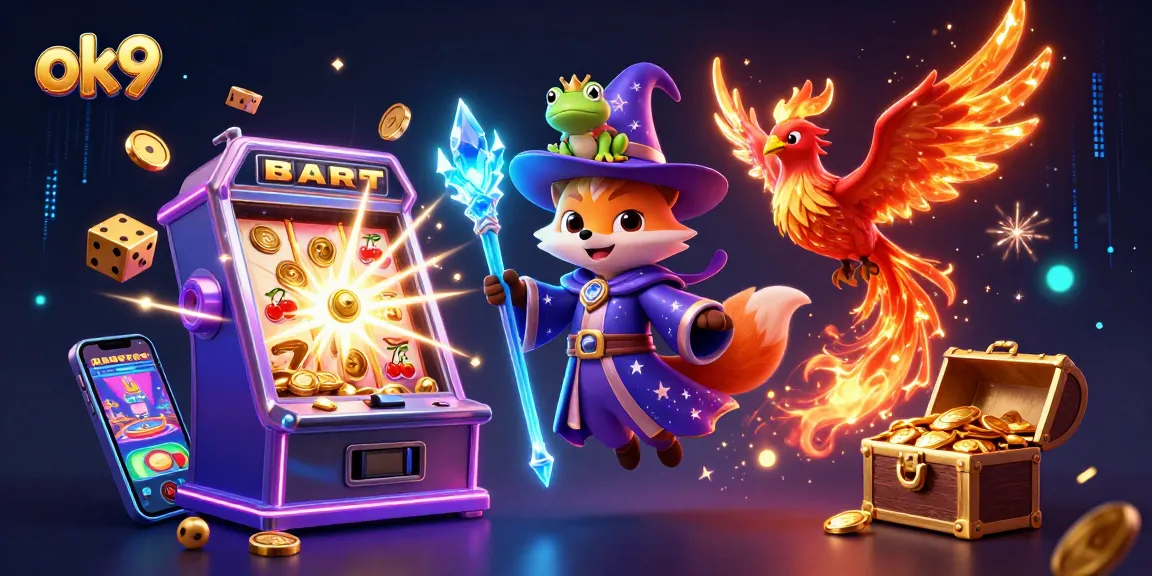 Experience thrilling wins at ok9 with a magical scene featuring a wizard, phoenix, and slot machine bursting with coins.