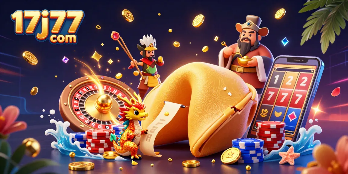 Engage with dynamic visuals showcasing 17j77 com's vibrant casino universe, featuring a golden fortune cookie and treasure elements.