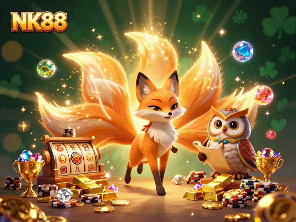 Engage in captivating gameplay with NK88, a radiant fox spirit surrounded by riches and vibrant slot elements.