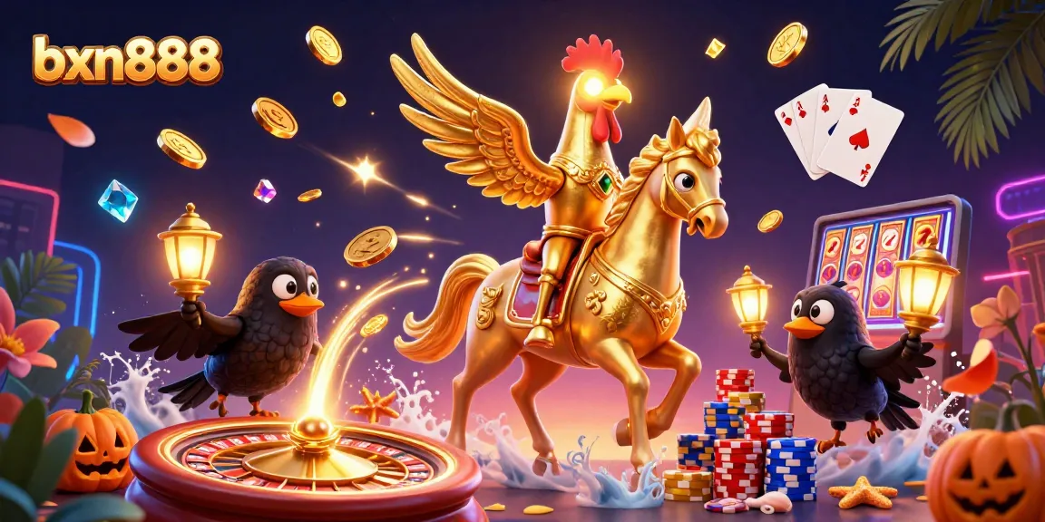 Experience the excitement of bxn888 with a vibrant casino scene featuring a golden rooster and magical elements.