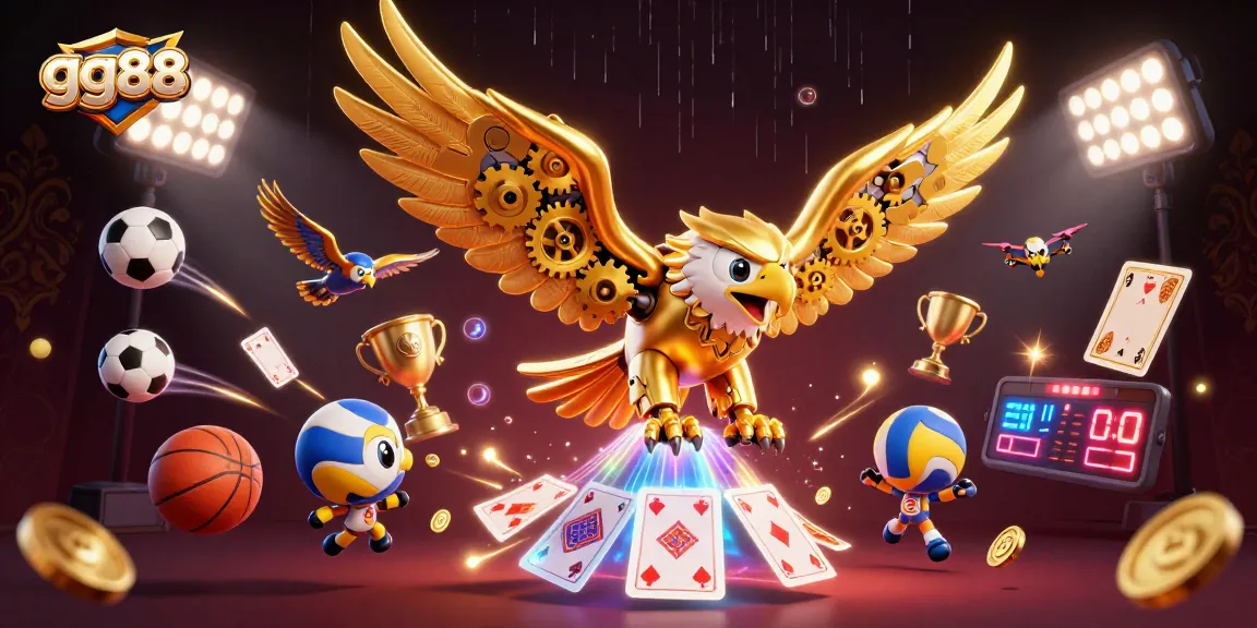 Engage with gg88's thrilling casino experience featuring a dynamic golden eagle and holographic cards.