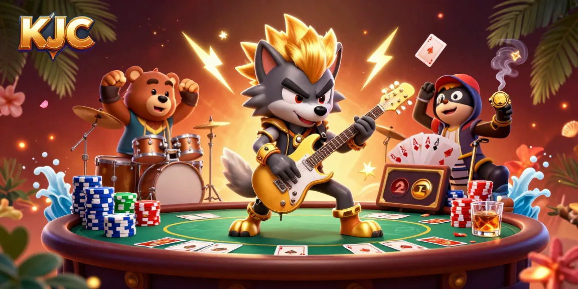 KJC showcases an electric guitar performance on stage with poker elements and vibrant casino atmosphere.
