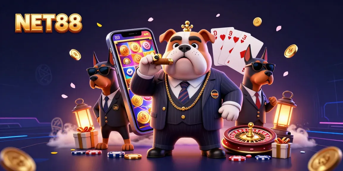 NET88 mafia illustration featuring bulldog and Doberman characters with slot games, poker chips, and dynamic action.
