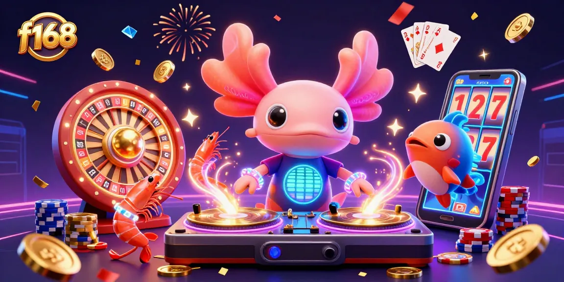 Experience the vibrant action at f168 with a neon axolotl DJ and lively casino atmosphere.