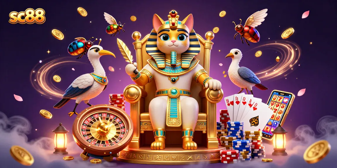 Experience the thrill of sc88 with a vibrant 3D illustration of a pharaoh cat in a casino setting.