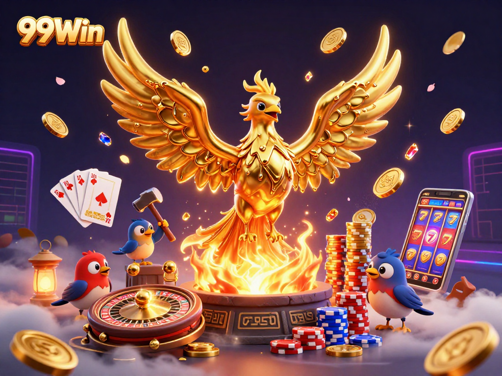 Win at 99Win with golden phoenix, booming casino elements, and exciting game rewards.