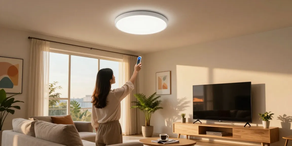 Lustra cu telecomanda într-un living modern, ajustată de o femeie elegantă.