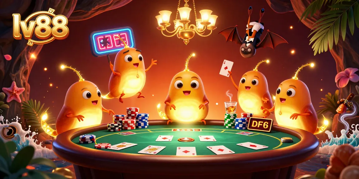Join the exciting action at lv88, a vibrant cave casino scene with glowworm characters and poker elements.