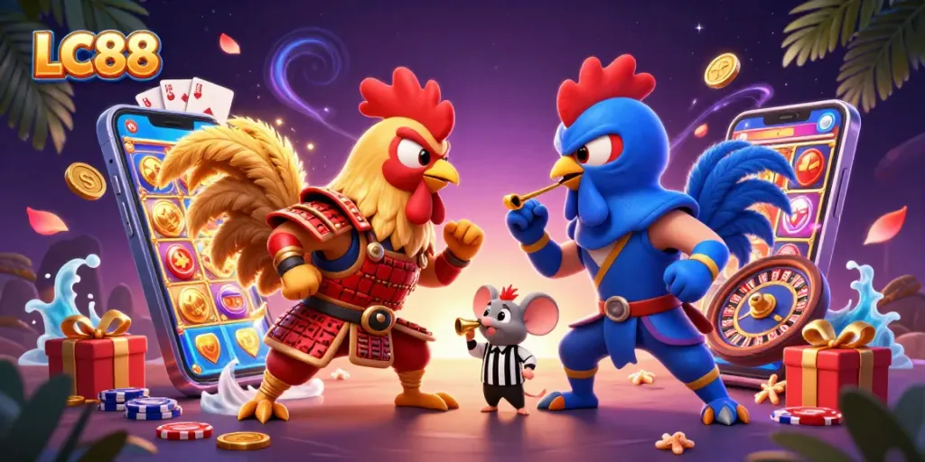 Experience thrilling gaming action with LC88's vibrant 3D fighting roosters and casino elements.