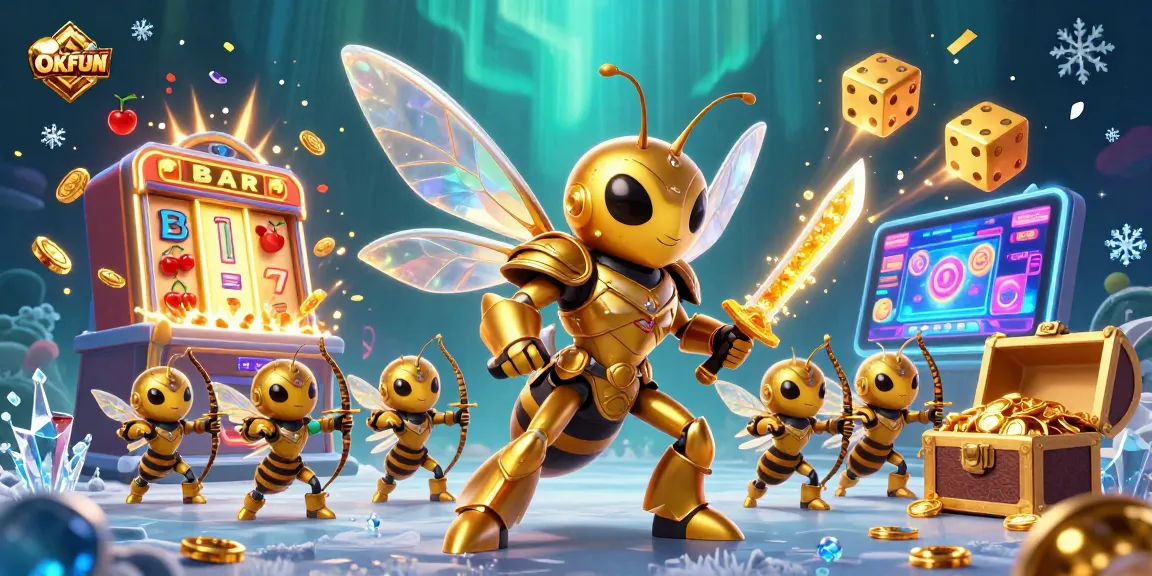 Experience exciting games at OKFUN with a vibrant scene featuring cartoon characters amidst a casino jackpot explosion.