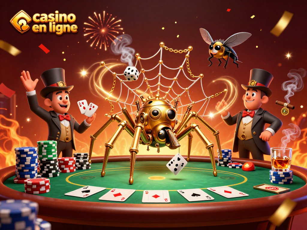 Gagnez au casino en ligne avec une araignée steampunk dorée et une ambiance festive dynamique pleine de détails