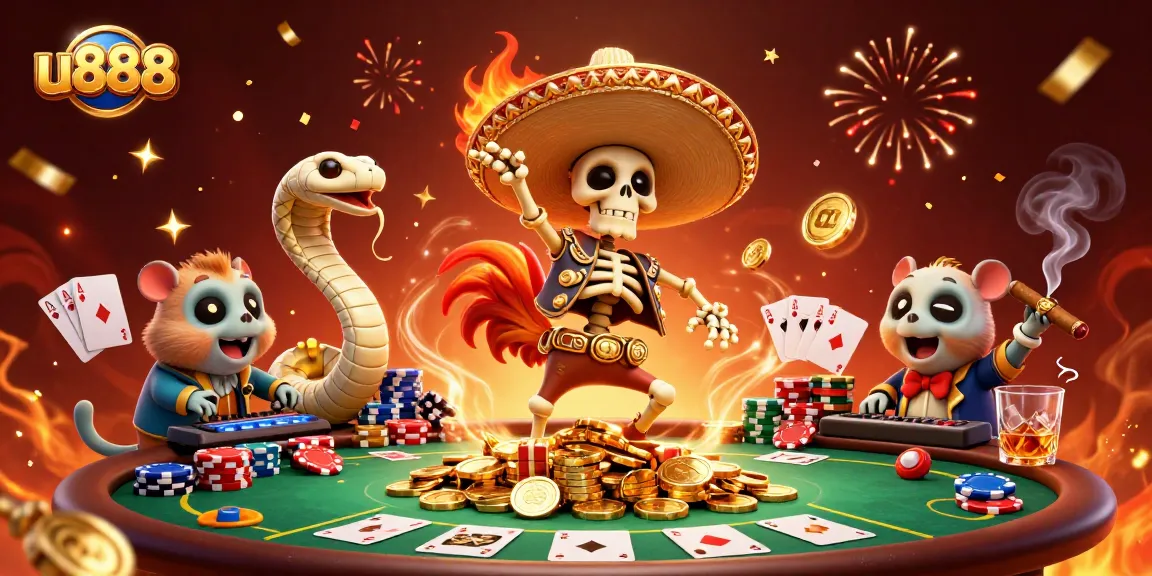 u888 players winning big as a mariachi rooster celebrates on gold coins in a vibrant casino scene