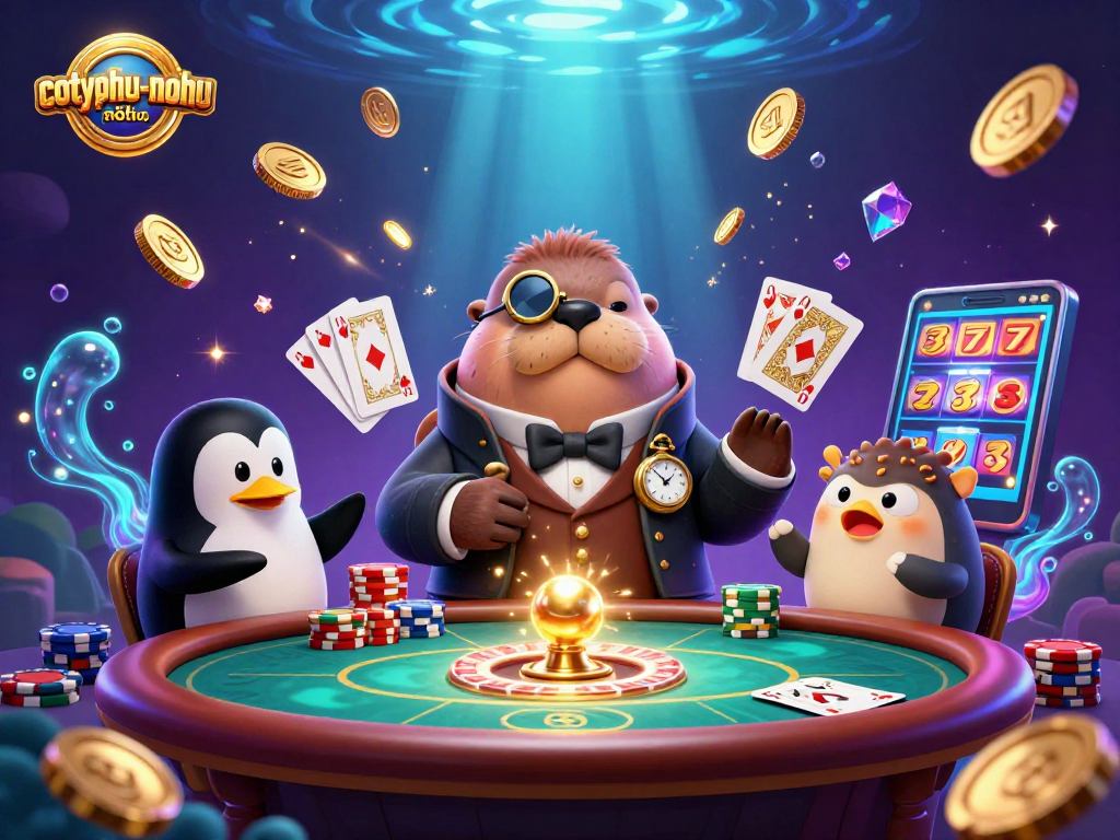 Cotyphu-nohu showcases a whimsical underwater poker scene featuring a walrus, penguin dealer, and bluffing pufferfish.