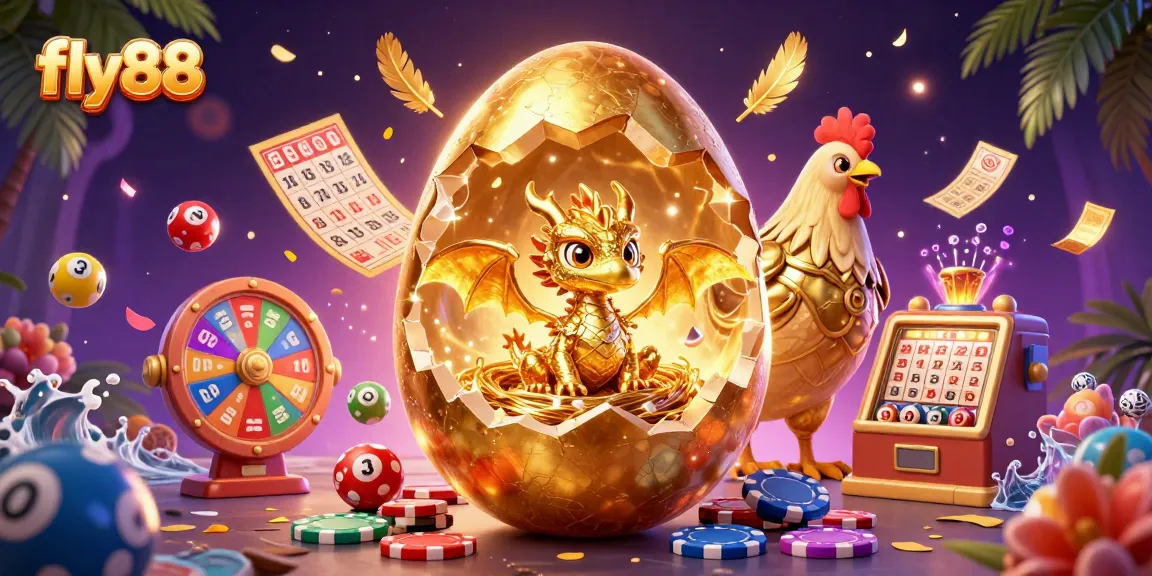 Engage with fly88's thrilling casino experience as a golden dragon emerges from a jackpot egg amid vibrant, dynamic game elements.