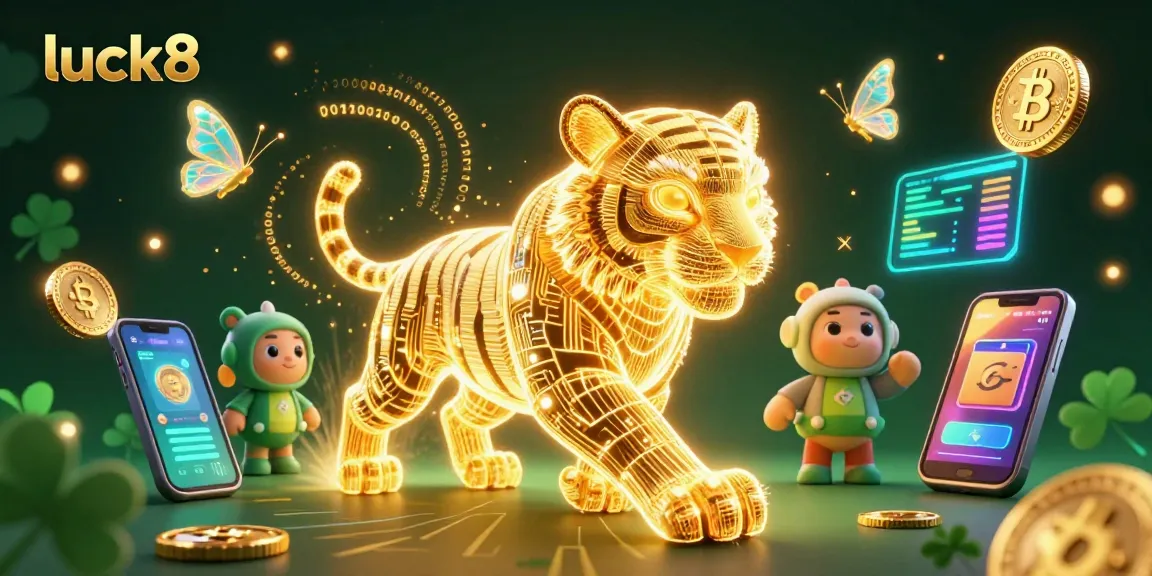 Engage with luck8 in a vibrant digital casino landscape, featuring a golden tiger and crypto elements.